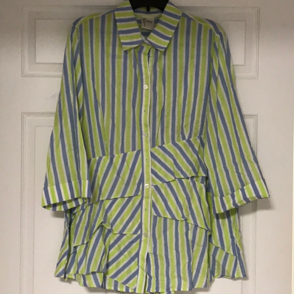 FINLEY Jenna Striped Button-Up Shirt in Green and Blue Approx 32” long